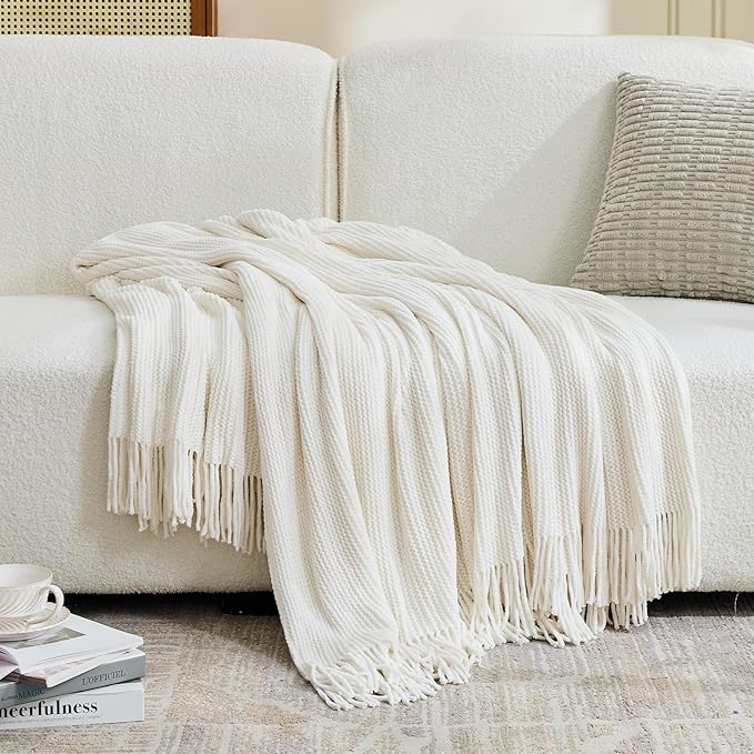 inhand Throw Blanket for Couch Bed,Chunky Chenille Woven Soft Blankets with Tassels, Cozy Boho Farmhouse Fall Winter Decor,Warm for Women,60"x80",Extra Thick-Off White