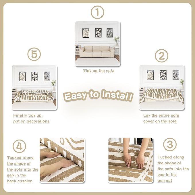 MEETSKY Boho Couch Covers for 2 Cushion Couch Sofa, Sofa Covers Washable Couch Cover for Sectional Sofa, Chenille Couch Protector for Kids, Dogs, Khaki