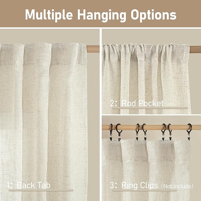 LAMIT 54 inches Long Semi Sheer Linen Curtains 2 Panels, Cream Ivory Light Filtering Panels Back Tab and Rod Pocket Boho Neutral Drapes for Living Room/Bedroom/Farmhouse, 38 x 54 Inch