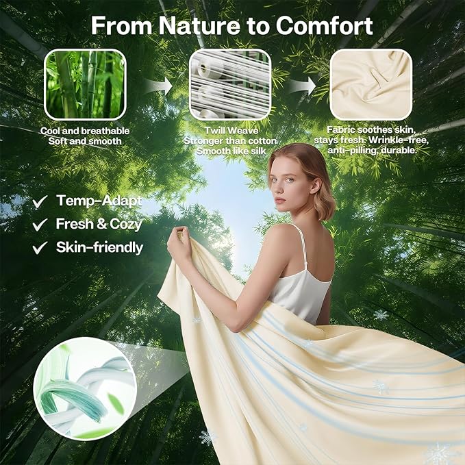 MR&HM Full Fitted Sheet Only, Ultra-Soft Rayon Derived from Bamboo & Polyester Blend, Silky & Breathable, 15" Deep Pocket with Elastic Straps, Cooling Fitted Sheet for Hot Sleepers, Cream