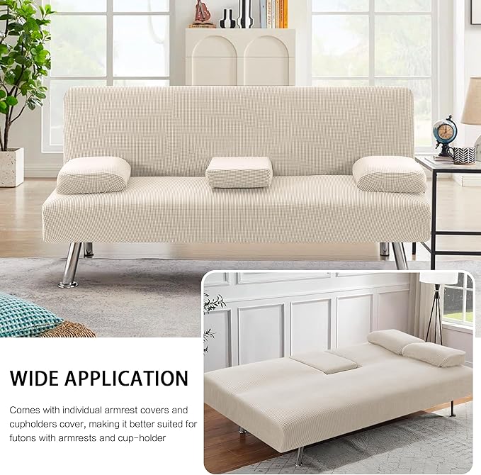 H.VERSAILTEX 4 Pieces Stretch Futon Covers Sofa Bed Slipcover with Removable Armrests and Cupholders Covers Furniture Protector High Spandex Small Checks Jacquard Fabric, Island Fossi