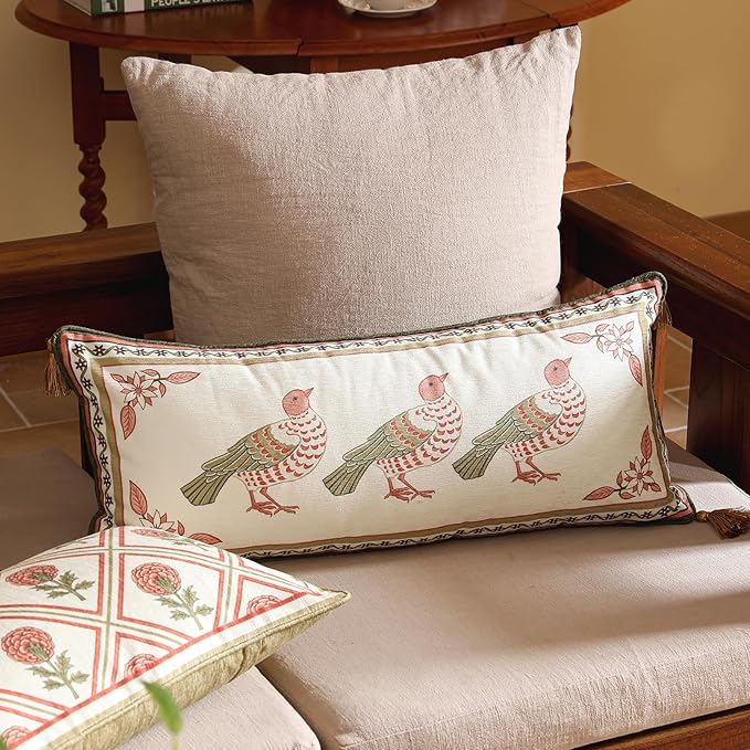 Rectangle Throw Pillow Covers Pack of 2,Velvet Farmhouse with Birds Pattern Pillowcases,Decor Long Lumbar Pillows Cushion Covers for Couch Sofa Bed Car Chair,12"x28"