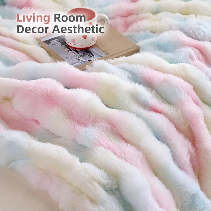Smoofy Faux Fur Throw Blanket for Couch – Rainbow Fluffy Cozy Rabbit Fleece, Plush Soft Bubble Blanket for Sofa & Bed, for Mom, Warm Fuzzy Home Room Decor Throw 60" x 80"