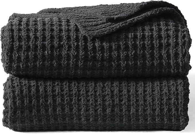 PHF Chenille Waffle Knit Blanket Twin Size- Plush Warm & Cozy 60" x 80" Ultra Soft Blanket- Chunky Fluffy Waffle Bedding for Home Decor - Charcoal Grey