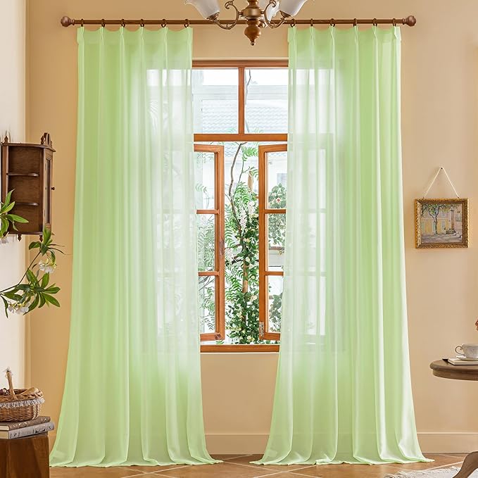 Green Pinch Pleat Sheer Curtains 96 Inches Long for Bedroom Soft Touch Lightweight Light Filtering 96 Inch Length Pleated Drapes with Ajustable Hooks for Living Room, Reed Green, 42"W x 96"L, 2 Panels