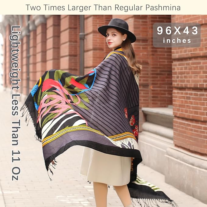 DANA XU 100% Merino Wool Extra Large Pashmina Blanket Travel Scarf Cashmere Wrap for Women Fall Winter Oversize Shawl Floral