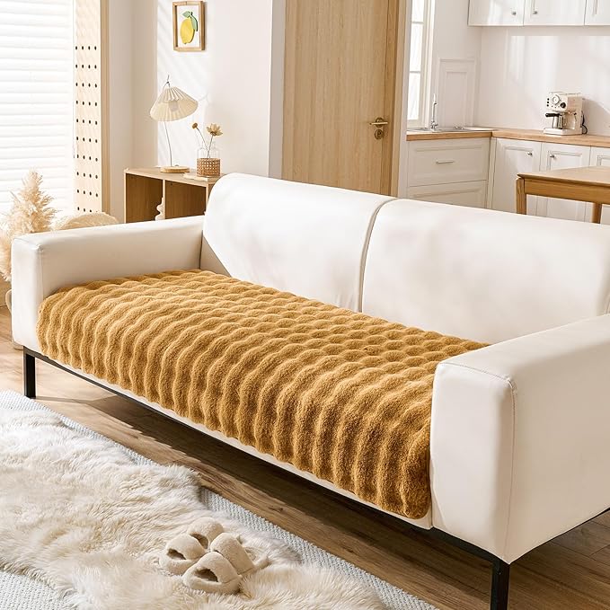 Faux Fur Couch Cover Fuzzy Soft Plush Thick Bubble Sofa Cover Luxury Sectional Couch Covers Luxury Anti-Slip Sofa Slipcover Washable Furniture Protector (Brown Yellow,36"x82")
