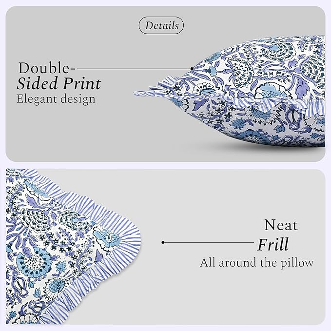 CPC Indigo Blue 100% Cotton Block Print Ruffle Sham Cover 20X30 inch Pack of 2, Handmade Boho Floral Pillowcase, Soft Decorative Queen Bed Pillow Cover for Bedroom Décor