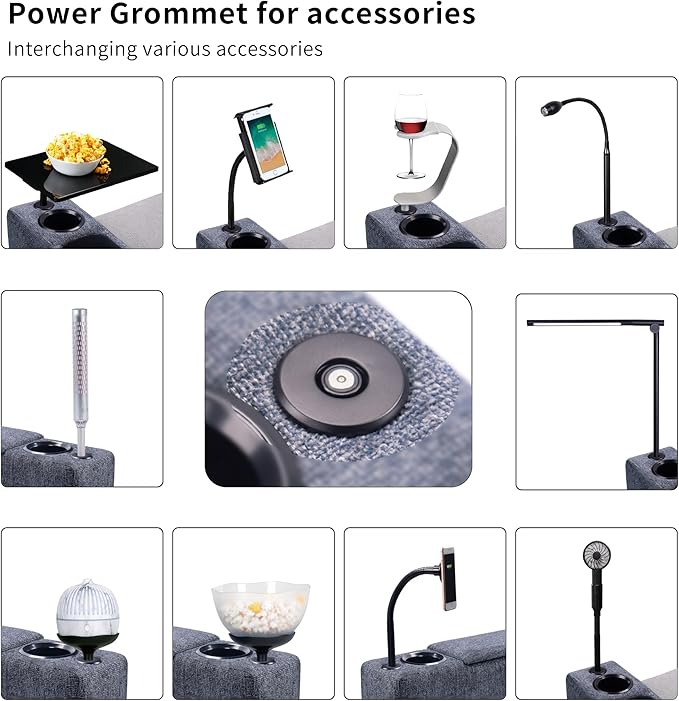 Removable Sofa Armrest, Dual Cup Holders Large Size Multifunctional Couch Caddy Storage Arm Rest with Power Wireless Charging Stand & LED Reading Light for Sofa Middle Seat Adjustable