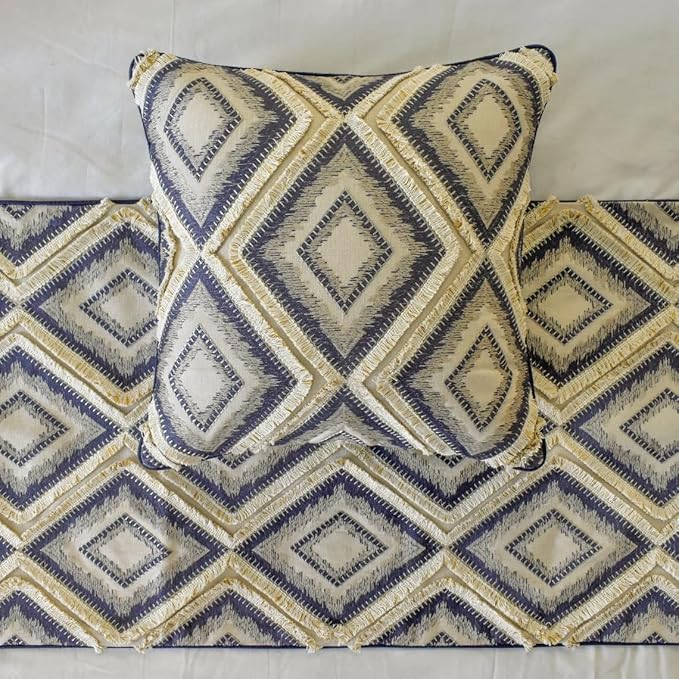 The HomeCentric King/Queen/Twin Blue Decorative King 90"x18" Bed Runner with Pillow Cover, Lace & Moroccan Decor Bed Scarf on Jacquard Fabric - Akida