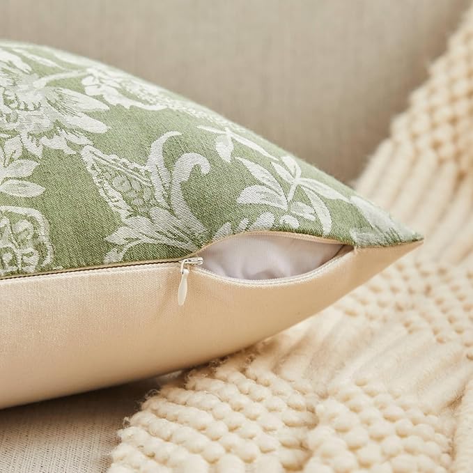 Floral Jacquard Throw Pillow Covers Set of 2, Background/Green 16x16 Inch, Farmhouse Decorative Cotton Sage Green Cushion Covers for Sofa Bed Living Room Home Decor