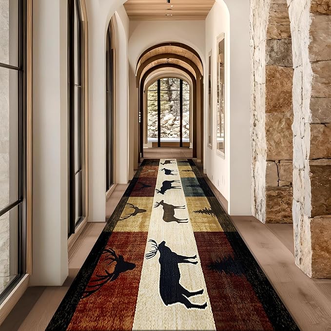 Colorful Elk Pine Tree Bohemian Hallway Rug 2x10ft with Checkered Texture - Retro Washable Kitchen Mat, Non-Slip Floor Decor for Dining Room Balcony, Canvas Art Style