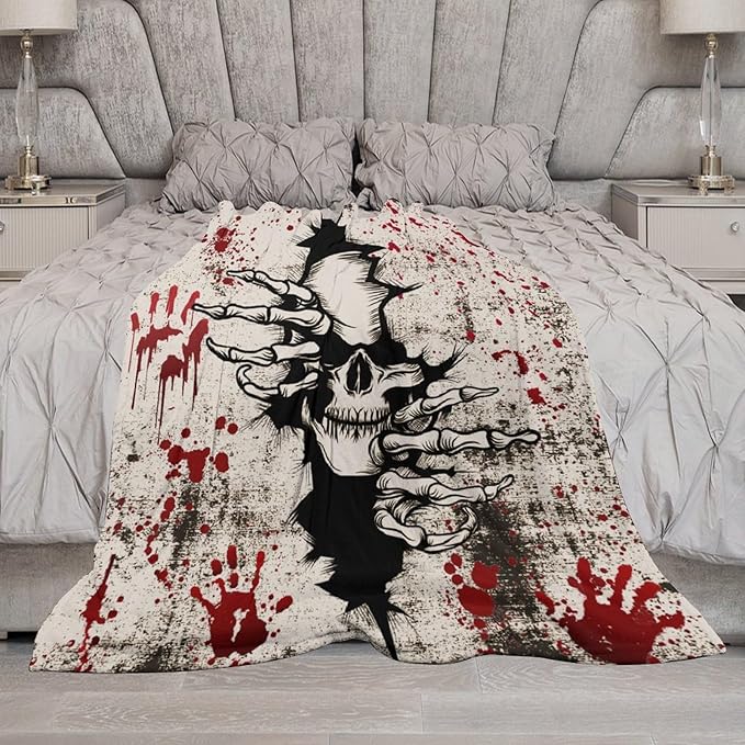 Horror Skull Throw Blanket, Halloween Day of The Dead Vintage Gothic Scary Blood Hand Soft Warm Fleece Blanket for Bed Couch Living Room All Season, 40"x50"