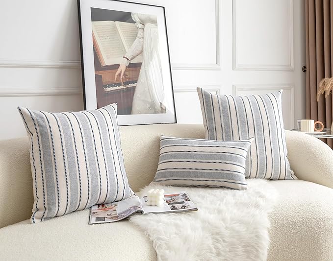 Decorative Boho Throw Pillow Covers, Farmhouse Textured Pillow Case, 22 x 22 Inch Set of 2, Chair Sofa Bedroom Living Room Home Decor Couch Cushion Case, Classic Blue and Beige Striped