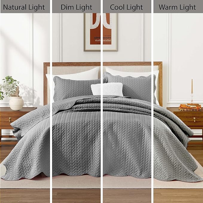 IR Imperial Rooms California King Quilt Bedding Set Size (118"x106") + 2 Pillow Shams (20" x 36"+ 2") - 3 Pcs All Season Reversible Microfiber Coverlet Embossed Quilt Bedspread (Grey)