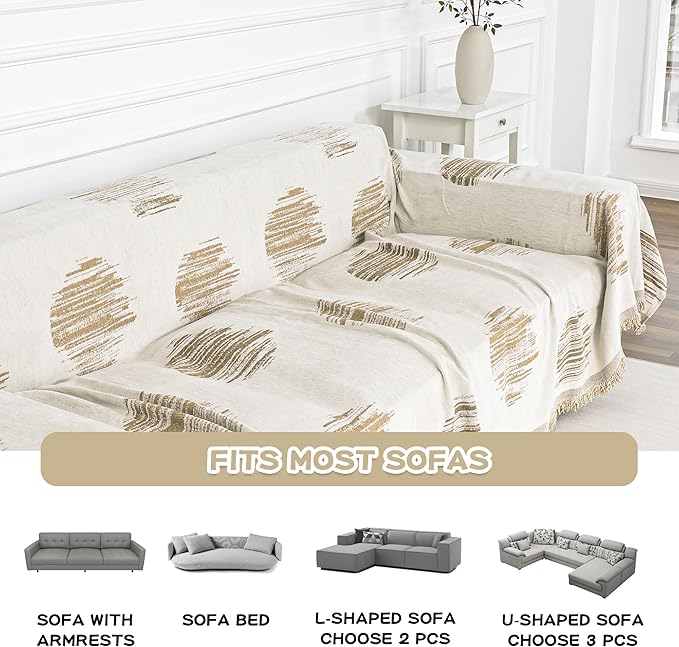 MEETSKY Oversized Couch Cover for Dogs, Jacquard Couch Covers for 3 Cushion Couch Sofa, Sofa Slipcover for Sectional L Shape, Chenille Throw Couch for Pets, Kids, 91" x 150", Khaki