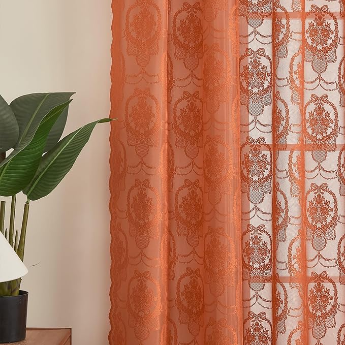 Burnt Orange Lace French Delicacy Curtains 84 Inches Long -Rod Pocket Luxury Vintage Bow Butterfly Flower Sheer Lace Curtains for Living Room Bedroom，52 x 84 Inch, 2 Panels