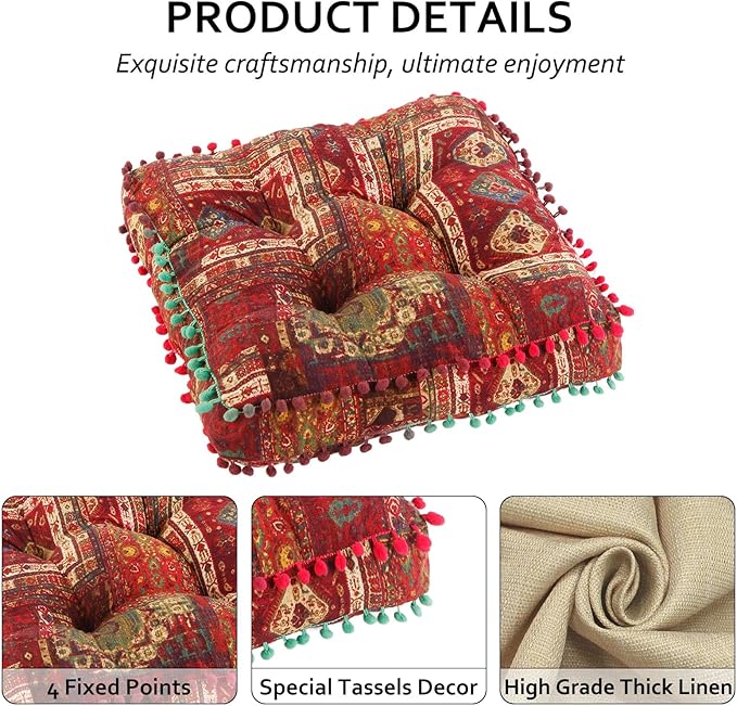 Bohemian Seat Cushion，Indoor & Outdoor 16.5" x 16.5" Seating Cushion for Dinning Chairs, Decorative with Tassels(2Pcs, Red)