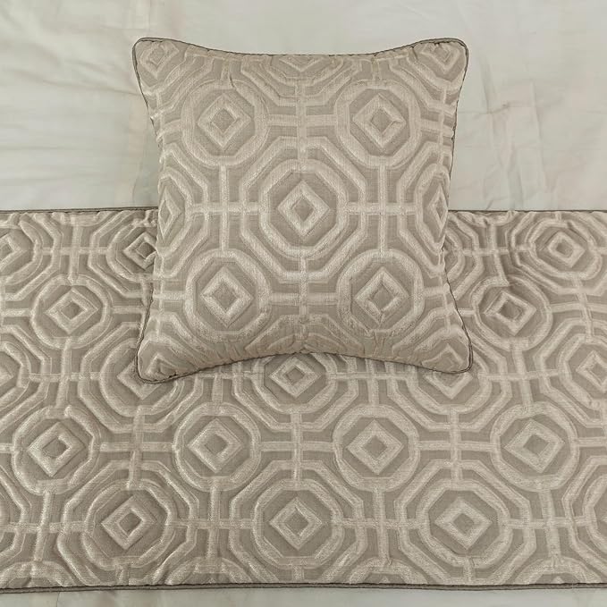 The HomeCentric King/Queen/Twin Beige Designer CA King 86"x18" Bed Runner Without Pillow Cover, Textured Bed Scarf on Silk Fabric - Hexagonal Norma