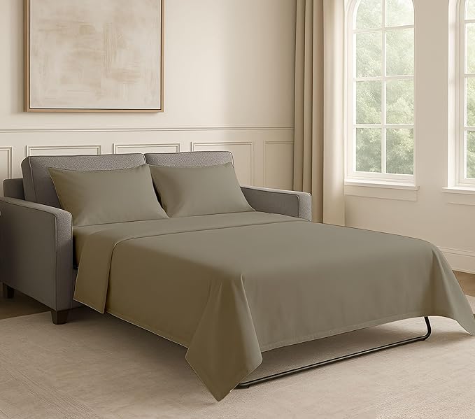 Sleeper Sofa Bed Sheet Set - Queen Size 4 PC's Sheet Set Sofa Bed Sheets - 100% Cotton 400 Thread Count Sofa Sheets - Sleeper Sofa Sheets - Fits Mattresses Up to 6" Drop - Taupe