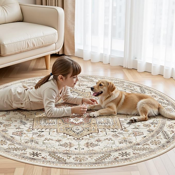 5ft Round Vintage Living Room Area Rug - 5x5 Large Soft Washable Oriental Traditional Distressed Farmhouse Rugs for Bedroom - Indoor Floor Accent Carpet for Home Office House Decor - Golden Taupe