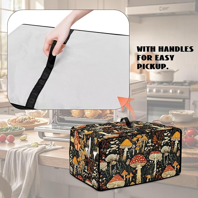 Dustproof Toaster Oven Cover Polyester-Linen Fabric Microwave Oven Dust Cover Foldable Kitchen Appliance Protector Dirt and Fingerprint Protection, Vintage Mushroom Plant Print, L