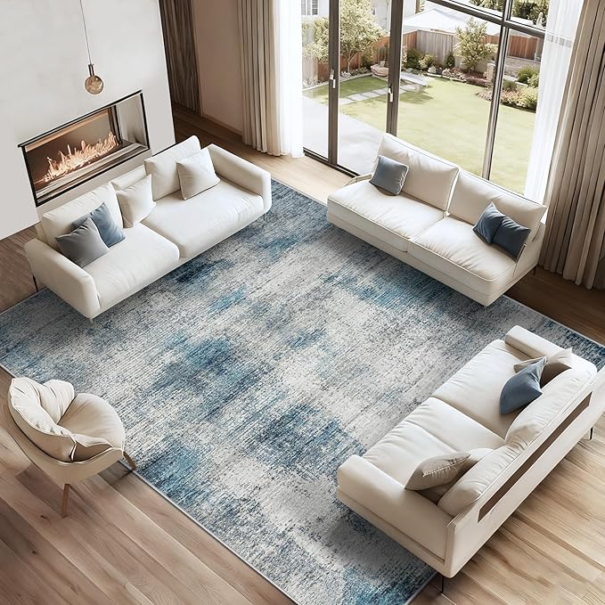 9x12 Area Rugs for Living Room: Washable Modern Abstract Rug Large Soft Non-Slip Rugs Indoor Low-Pile Carpet for Bedroom Dining Room Home Office (Blue, 9'x12')