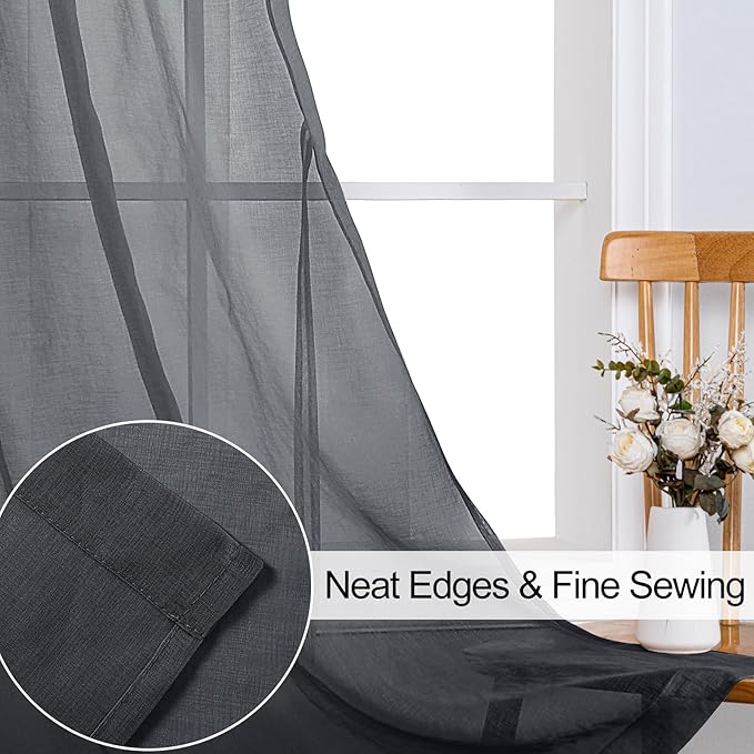 XWZO Dark Grey Sheer Curtains 84 Inches Long for Bedroom, Ring Top Light Filtering Extra Soft Voile Window Curtains with Grommet for Dining Room with Tiebacks, Set of 2 Panels, 52 x 84 Inches Long