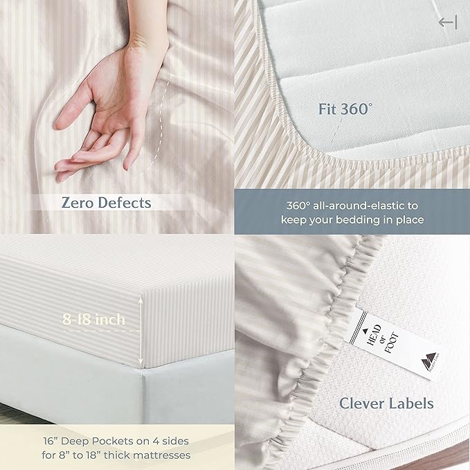 Mayfair Linen 100% Cotton Striped Sheets Full Size Bed Set - 500 Thread Count Damask Sheets Full Size 4 PC Set (Beige Stripe), Soft, Cooling, Sateen Weave Hotel-Quality 16" Deep Pocket Bedsheet