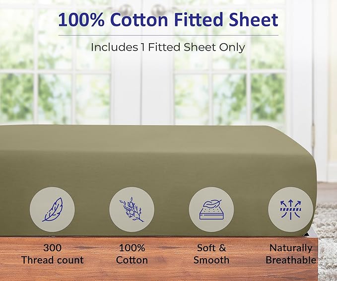 ROYALE LINENS 300 Thread Count 100% Long Staple Combed Cotton Fitted Sheet California King - Super Soft Deep Pocket Bottom Sheet - Fitted Sheets Only - Elastic Sheets (Cal King, Sage Green)