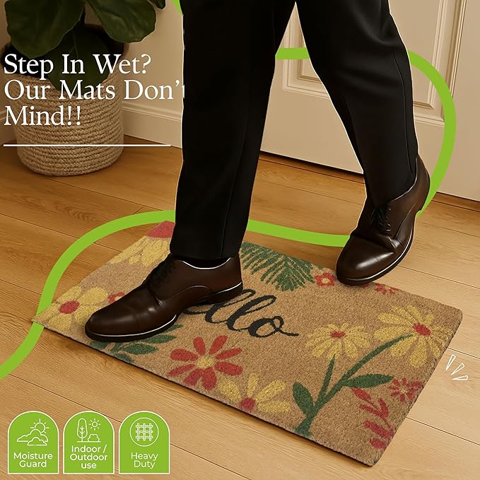 Coir Door Mats 17" X 30", Non-Slip Sturdy, PVC Backed Heavy Duty, Easy to Clean, Ideal for Door Entrance, Patio, Porch, Backyard, Garages, Vibrance of Flora - Hello