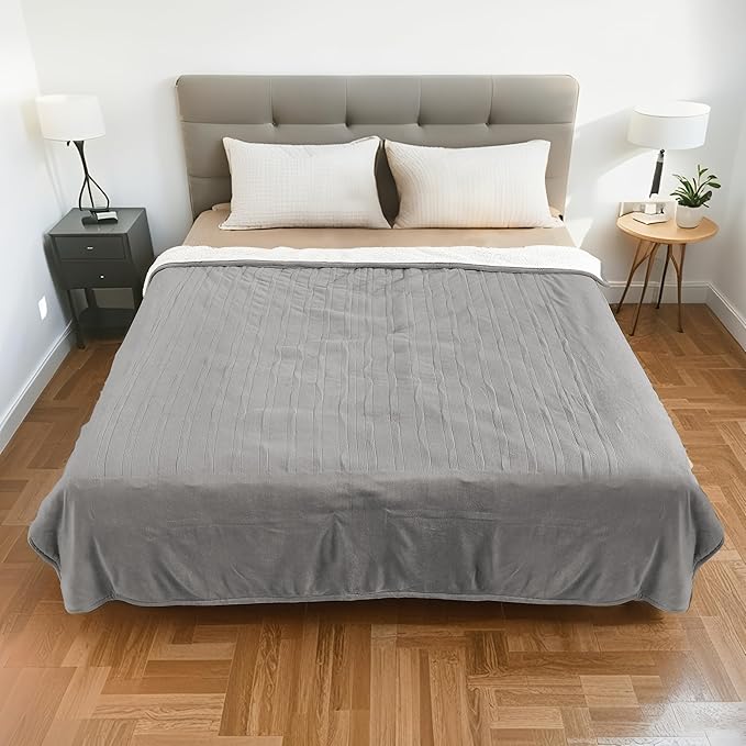 Electric Heated Blanket Queen Size 84"x90" - Dual-Sided with Microplush & Sherpa Fabric, 4 Heat Settings & 10 Hours Auto Off, Machine Washable - Light Gray