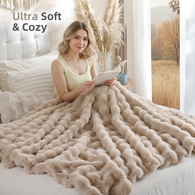 Smoofy Faux Fur Throw Blanket for Couch – Linen Fluffy Cozy Rabbit Fleece, Plush Soft Bubble Blanket for Sofa & Bed, for Mom, Warm Fuzzy Home Room Decor Throw 50" x 60"