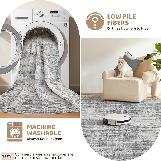 6ft Round Area Rug for Living Room: 6x6 Washable Neutral Abstract Modern Soft Rugs Non Slip Indoor Floor Stain Resistant Carpet for Bedroom Dining Room Office Nursery - Gray