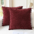 CaliTime Christmas Throw Pillow Covers Decorative 18 X 18 Inches Pack of 2 Cozy Solid Dyed Soft Chenille Cushion Cases with Pom Poms for Couch Sofa Bed Living Room Home Burgundy
