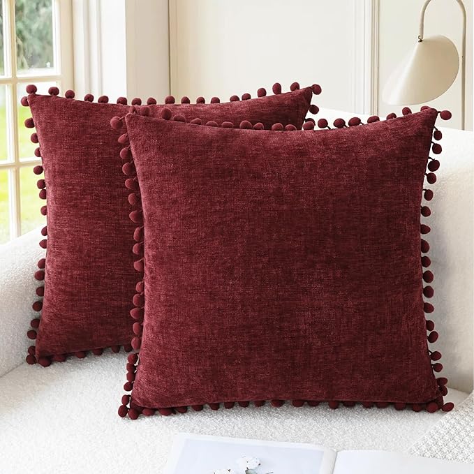CaliTime Christmas Throw Pillow Covers Decorative 20 X 20 Inches Pack of 2 Cozy Solid Dyed Soft Chenille Cushion Cases with Pom Poms for Couch Sofa Bed Living Room Home Burgundy