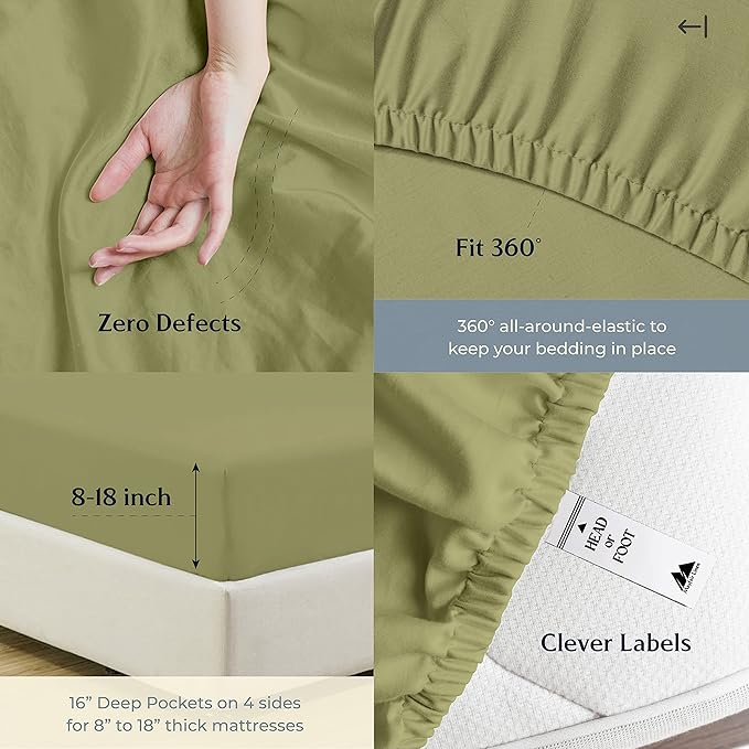 Mayfair Linen 500 Thread Count Twin XL Cotton Sheets - 3 PC Twin XL Size Bed Sheet Set Cotton (Sage Green), Soft, Cooling, Sateen Weave Hotel-Quality 16" Deep Pocket Bedsheet (Fits 18" Mattress)