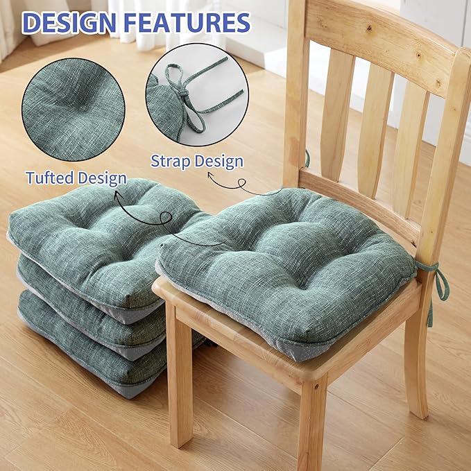 Chair Cushions for Dining Chairs Set of 4, Kitchen Chair Cushions, Chair Pads with Ties Non Slip Backing, Christmas Room Decor, Tufted Memory Foam Seat Cushion 4 Pack, 15.5x15.5x4, Sage Green