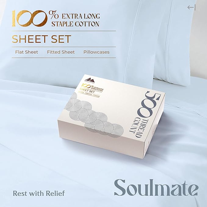 Mayfair Linen 100% Cotton Bed Sheets King Sheet Set - 500 Thread Count Sheets King Size 4 PC Set (Light Blue), Soft, Cooling, Hotel-Quality 16" Deep Pocket Sateen Cotton Bedsheet for Hot Sleepers