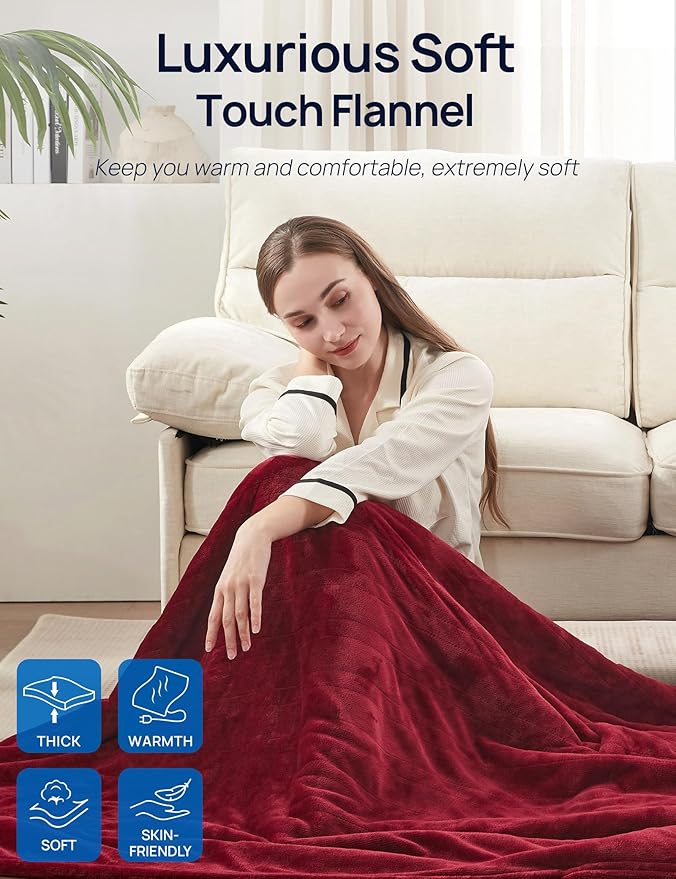 Westinghouse Electric Blanket with Foot Pocket for Adults, Ultra Soft Flannel to Sherpa Heated Throw with 6 Heating Levels & 2-10 Hours Time Settings, Fast Heating & Machine Washable, 50x62, Burgundy