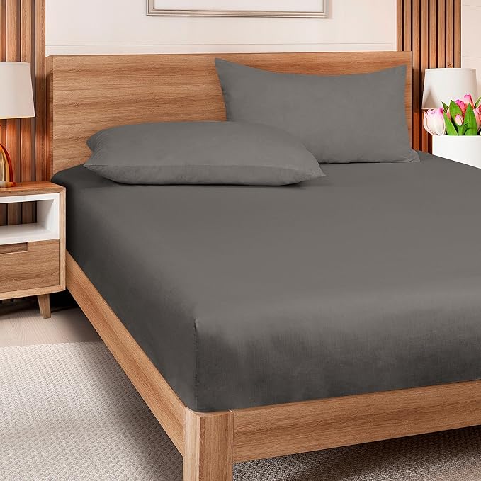 ROYALE LINENS 300 Thread Count 100% Long Staple Combed Cotton Fitted Sheet Queen - Super Soft Deep Pocket Bottom Sheet - Fitted Sheets Only - Elastic Sheets (Queen, Grey)