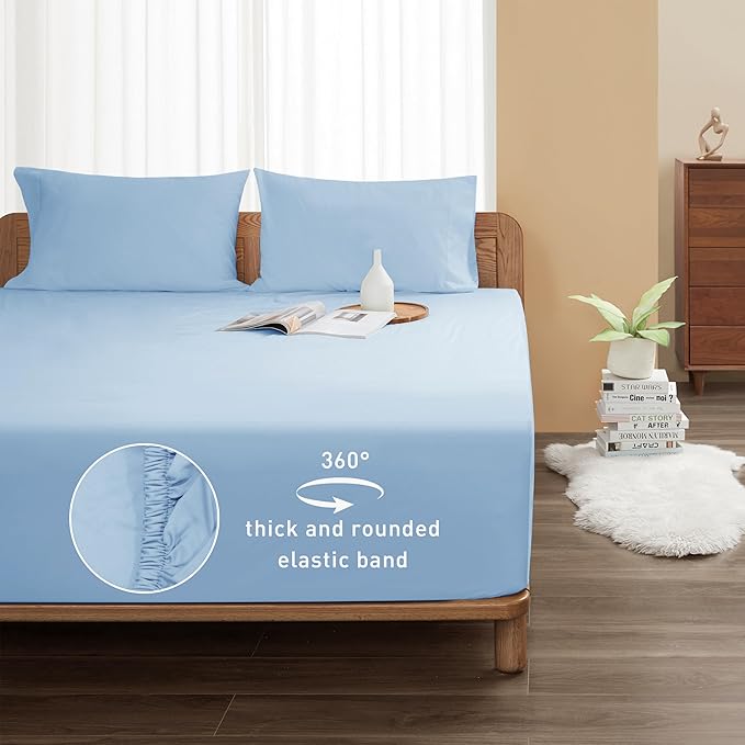 Sunflower Queen Fitted Sheet, 1-Piece Extra Deep Pocket Fitted Bottom Sheet 22", 100% Cotton Sateen Soft Breathable, Powder Blue
