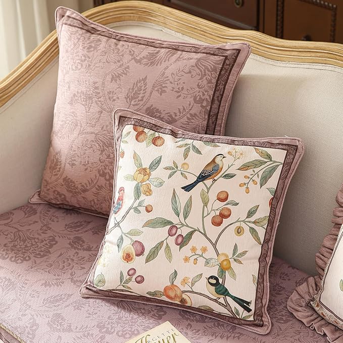 Pink Farmhouse Throw Pillow Covers,Birds and Flowers Pattern Cozy Velvet Pillowcases,Decoration Square Pillows Cushion Covers for Couch Sofa Bed Car Chair,18"x18"