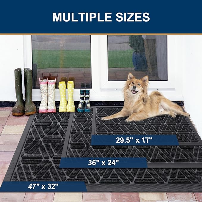 Smiry Front Door Mat Outside Entrance, Heavy Duty Sturdy Natural Rubber Doormat, Trap Dirt and Moisture, Easy Clean Low Profile Mats for Indoor Outdoor Entry, Grid Geometric (36x24, Black)