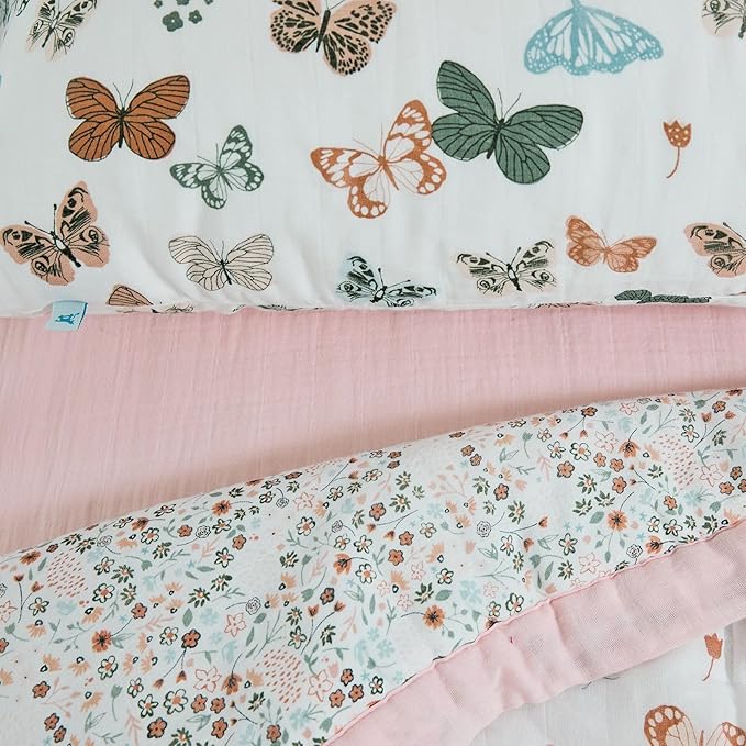 Little Unicorn Toddler Bedding 3-Piece Set | Super Soft & Breathable Muslin Fabric | for Convertible Cribs & Toddler Beds (Butterflies)