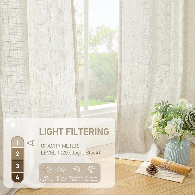 LAMIT 38 Inch Width Semi Sheer Linen Curtains 2 Panels, Cream Ivory Light Filtering Panels Back Tab and Rod Pocket Boho Neutral Drapes for Living Room/Bedroom/Farmhouse, 38 x 84 Inch
