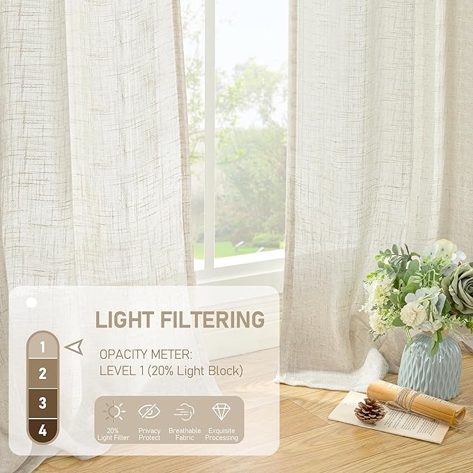 LAMIT 68 inch Semi Sheer Linen Curtains 2 Panels Set, Cream Ivory Light Filtering Panels Back Tab and Rod Pocket Neutral Drapes for Kitchen/Window/Sliding Glass Door, 52 x 68 Inch