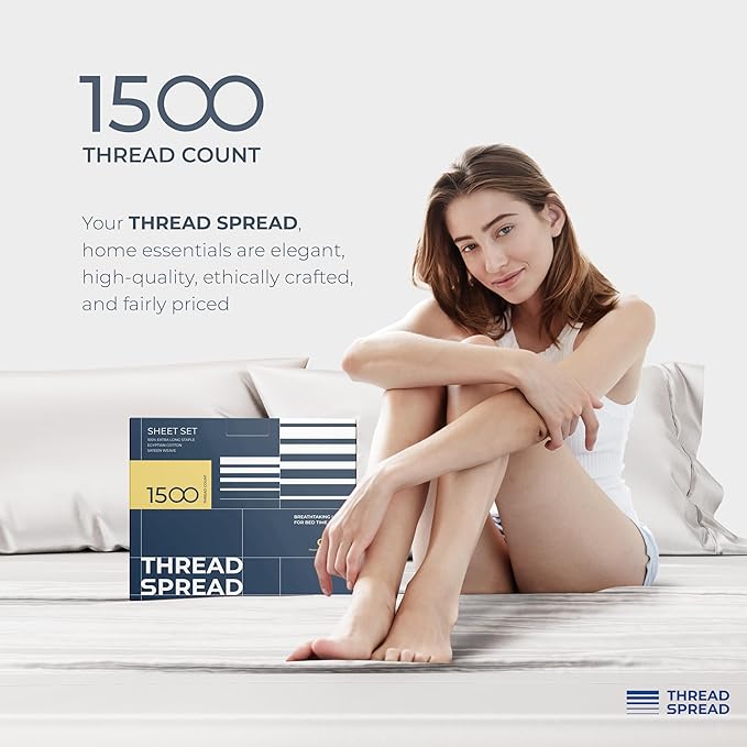 THREAD SPREAD 100% Egyptian Cotton Sheets King Size Bed Set - 4 PC 1500 Luxury High Thread Count Light Grey Egyptian Cotton King Bed Sheets, Silky Soft, Cooling, Sateen Weave, 17" Deep Pocket Bedsheet