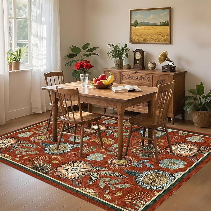 GarveeHome 4x6 Floral Washable Area Rug: Large Living Room Area Rug with Non-Slip Backing Washable Ultra Soft Bedroom Floral Carpet Indoor Stain Resistant Carpet for Dining Room 4 * 6 ft Brick Red
