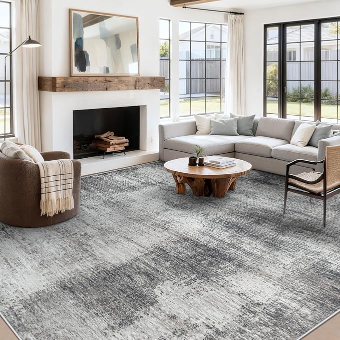9x12 Area Rugs for Living Room: Washable Modern Abstract Rug Large Soft Non-Slip Rugs Indoor Low-Pile Carpet for Bedroom Dining Room Home Office (Grey, 9'x12')